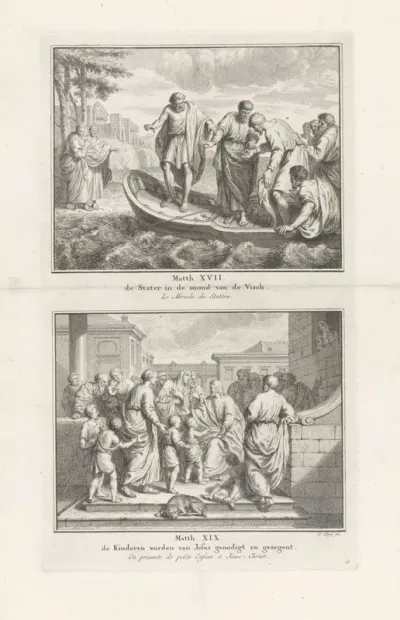 Petrus vindt een munt in de bek van een vis / Christus zegent de kinderen
