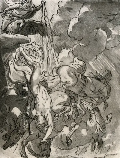 Phaethon surrounded by horses is falling from the sky as Jupiter wearing a crown strikes from above