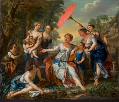 Pharaoh's daughter comes to bathe with her maidens in the river and discovers the child floating on the water (Exodus 2:5-6)