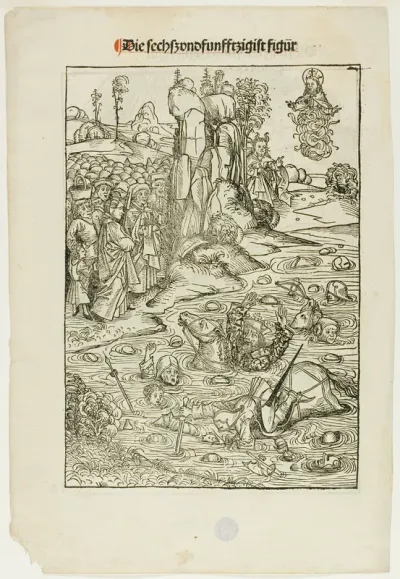 Pharoah and His Host Perishing in the Red Sea (verso); The Freeing of King Joachim of Jerusalem (recto), pages 56 and 55, from the Treasury (Schatzbehalter)