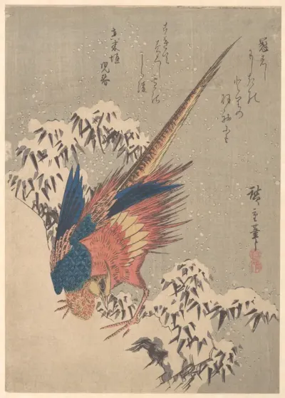 Pheasant Among Snow–laden Bamboo on Hillside