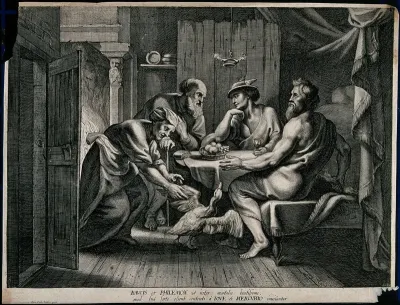 Philemon and Baucis providing food and shelter for Jupiter [Zeus] and Mercury [Hermes] who are disguised as travellers