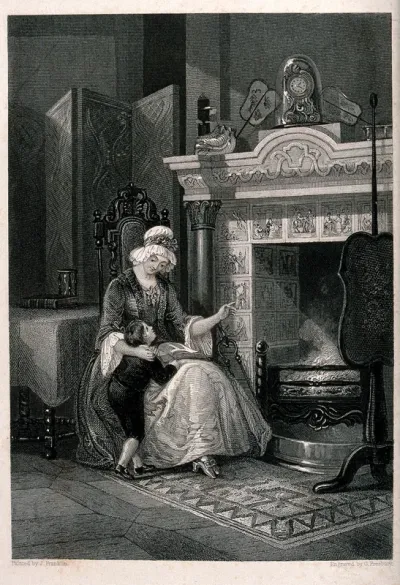Philip Doddridge as a child being taught the Old and New Testaments by his mother using ceramic tiles around the fireplace