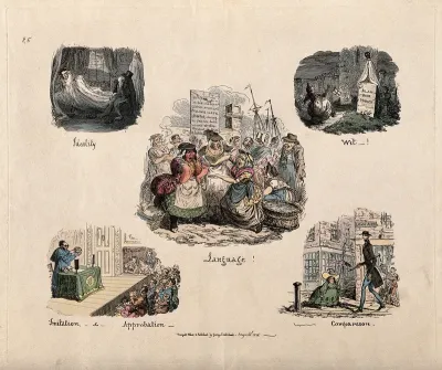 Phrenological propensities: language, ideality, wit, imitation and approbation, comparison; illustrated by foul-mouthed fishwives, a man imagining ghosts, a woman tricked in a churchyard, Mathews mimicking a phrenologist's lecture, a tall thin man pa