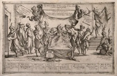 Physicians, representing the Holy League against the Turks, gather around the sick sultan; representing the Peace of Karlowitz