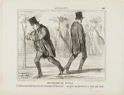Physiognomy of the Stock Exchange. The despair of the baissier and the triumph of the haussier - or crying and laughing, plate 440 from Actualités
