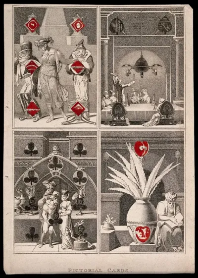 Pictorial cards bearing the symbols of each of the four suits