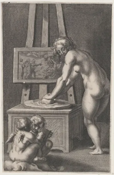 Pictura: allegory of painting, with a nude woman at center grinding pigments, two putti drawing at lower left