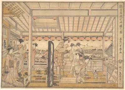 Picture of the Temporary Lodgings of the New Yoshiwara Pleasure Quarter at Ryōgoku  (Shin Yoshiwara Karitaku Ryogoku no zu)
