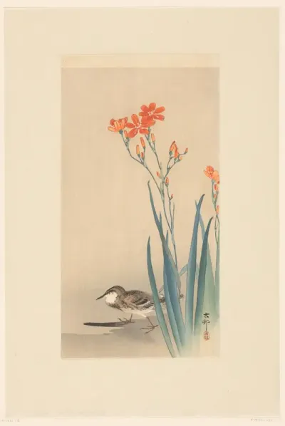 Pieper bij rode bloemen