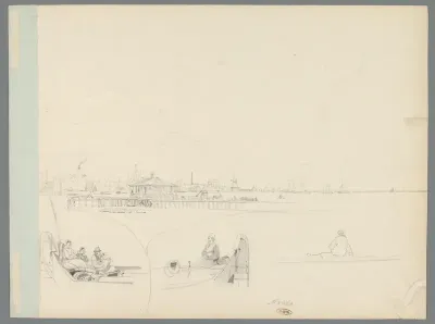 Pier bij een havenstad en schetsen van passagiers