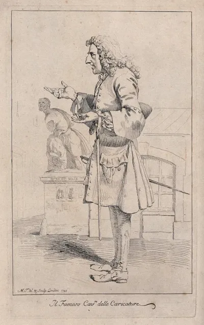 Pier Leone Ghezzi as the "knight of caricature", carrying a stick and making a gesture with both hands