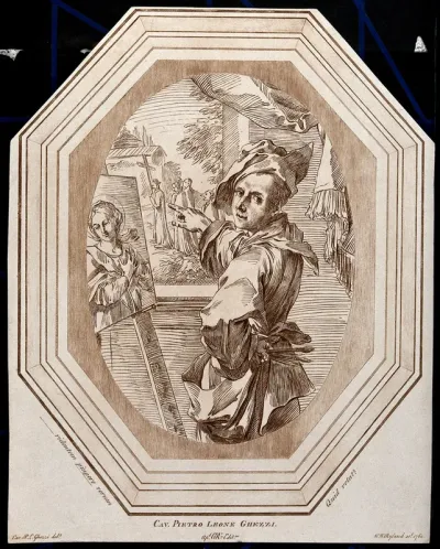 Pier Leone Ghezzi standing before his easel on which is placed an image of the Virgin Mary, and pointing out of the window towards a procession of priests