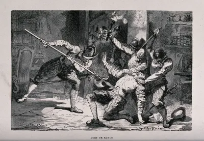 Pierre de La Ramée (Peter Ramus) is held down and stabbed by soldiers with a halberd and a sword