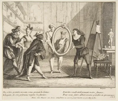 Pierrot and Scaramouche show the portrait of Harlequin