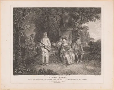 Pierrot en drie andere figuren in een tuin met fontein