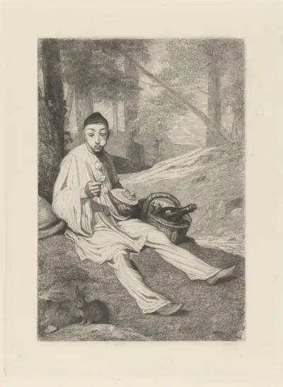 Pierrot en een konijn in een landschap