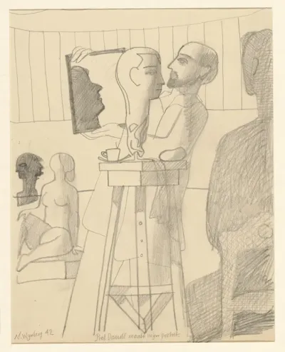Piet Damsté, werkend aan het portret van Nicolaas Wijnberg