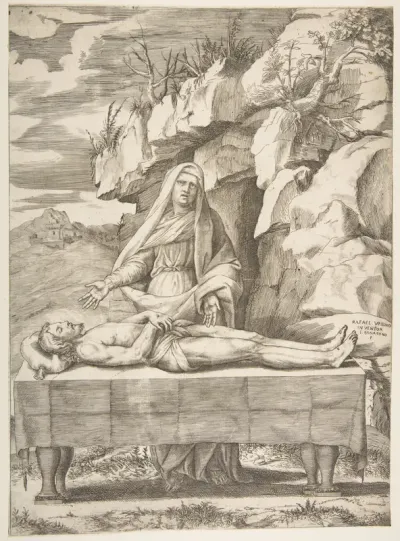 Pietà, Christ stretched out on a table in a landscape, the Virgin standing behind arms open