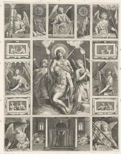 Pietà, omringd door de passiewerktuigen