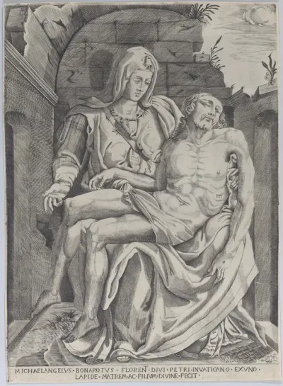 Pietà, set against an arched ruin