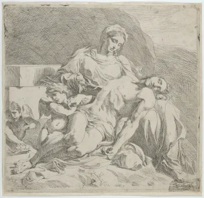 Pietà, the dead Christ supported by the Virgin, putti at the left