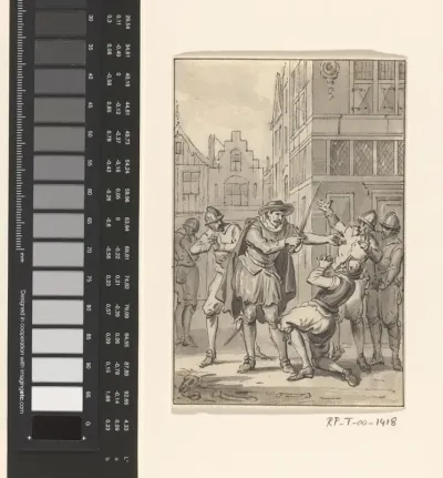 Pieter Adriaanszoon van de Werf, burgemeester van Leiden, biedt aan zijn linkerarm af te hakken, 1574