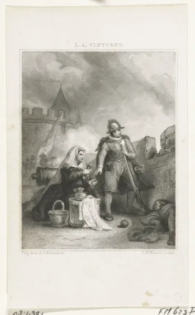Pieter Dirksz. Hasselaer houdt de wacht op de wallen van Haarlem en wordt door zijn moeder brood en lood gebracht, 1573