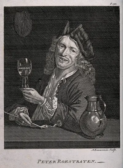 Pieter Gerritsz van Roestraten sitting at a table with a jug, a drinking glass and a smoking pipe