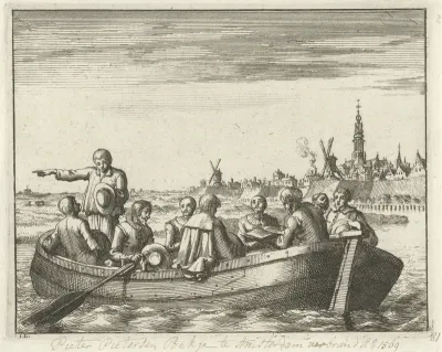 Pieter Pietersz. Bekjen leest voor uit de Bijbel in een schuit op de Amstel buiten de Regulierspoort te Amsterdam, 1569