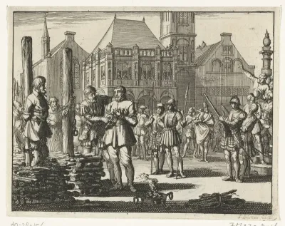 Pieter Pietersz. Bekjen met een lotgenoot aan de staak gebonden, wordt vanaf de stoep van de Waag aangemoedigd door Willem Jansz., 1569