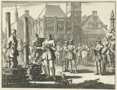 Pieter Pietersz. Bekjen met een lotgenoot aan de staak gebonden, wordt vanaf de stoep van de Waag aangemoedigd door Willem Jansz., 1569