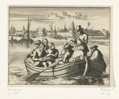 Pieter Pietersz. Bekjen predikt aan acht personen in een roeibootje op de Amstel, 1568