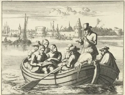 Pieter Pietersz. Bekjen predikt aan acht personen in een roeibootje op de Amstel, 1568