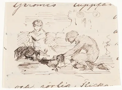Piirustus Jean-Léon Gérômen maalauksesta Kukkotappelu, "Un combat des coqs"