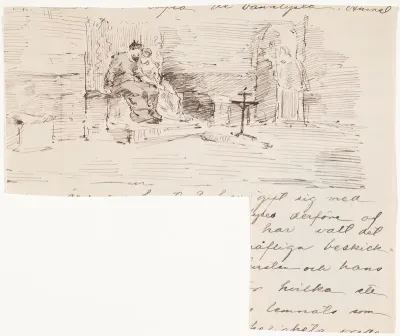 Piirustus Jean-Paul Laurens’in maalauksesta L'Excommunication de Robert le Pieux (Robert Hurskaan karkottaminen kirkosta)