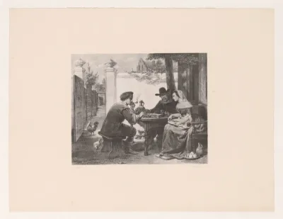 Pijprokende mannen en vrouw aan tafel