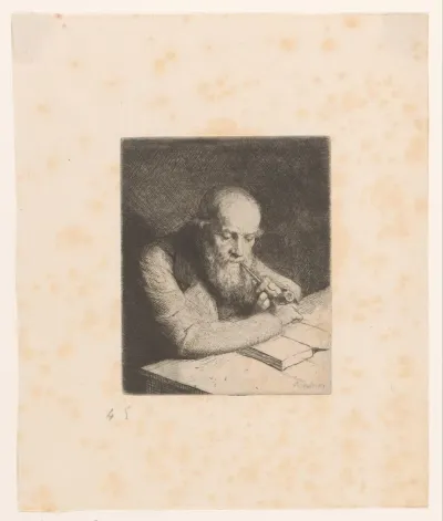 Pijprokende oude man met boek