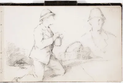 Piknik Sjundbyssä, polvillaan oleva mies, kori ;  miehen rintakuva. Merkitty o. y.: 1879
