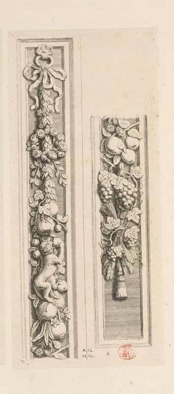 Pilasterfestoen met aap, fruit, bloemen en bladeren tussen galerij en Burgerzaal in het Stadhuis op de Dam