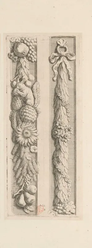 Pilasterfestoen met eekhoorn, fruit, bloemen, bladeren en maïs tussen galerij en Burgerzaal in het Stadhuis op de Dam