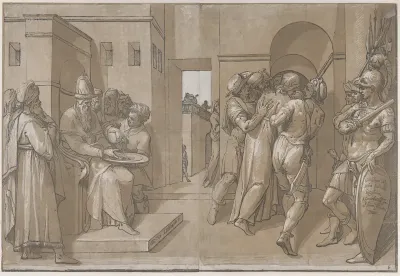 Pilate at the left washing his hands (left side of sheet)