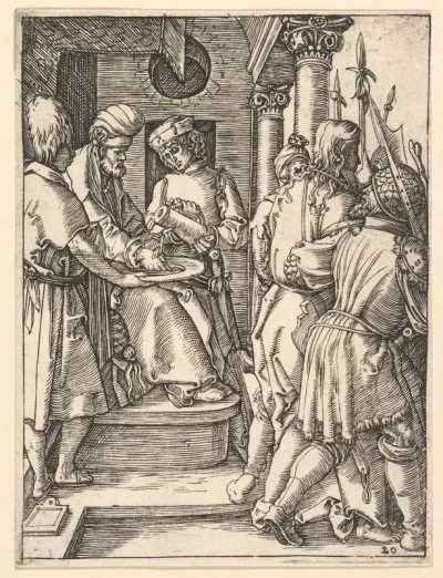 Pilate sitting on throne and washing hands while Christ is lead away by henchmen, from "The Passion of Christ", after Dürer