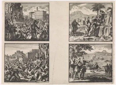 Pilatus op de rechterstoel te Cesarea / Pilatus laat een Joodse samenscholing uiteen slaan / Eliza werpt zout in de bron / Geplukte Sodomsappelen gaan in rook terwijl door Vespasianus in de Dode Zee geworpen mensen blijven drijven