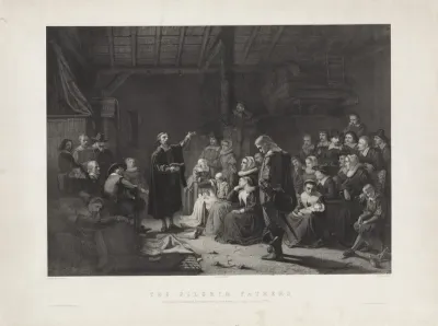 Pilgrim Fathers op een bijeenkomst in Noord-Amerika, 21 januari 1621