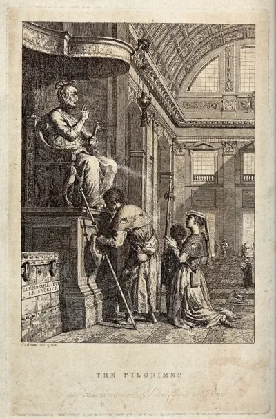 Pilgrims in St. Peter's in Rome pay devotion to the statue of St. Peter. Etching by D. Allan