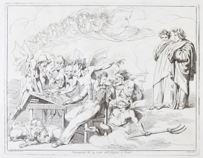 Pinelli etching Virgil and Dante, the plate being examined by monsters who are watched on the right by Virgil and Dante