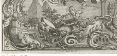 Piramides en toren in een ornamentele omlijsting