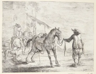 Pissende hest, en mand holder den i tøjlerne