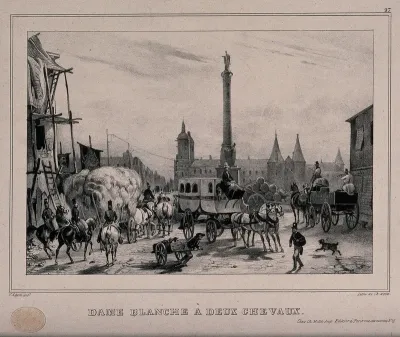 Place du Châtelet, Paris: a cart loaded with hay, a white carriage with two white horses ("Dame Blanche"), a working cart and a handcart pulled by a young boy are all gathered on the square